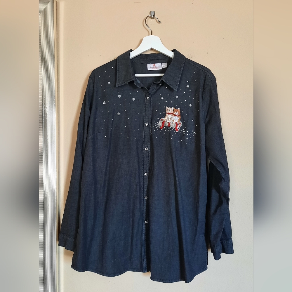 Quacker Factory Black Button-Down Shirt w Embroidered Cat Sparkles Embellished